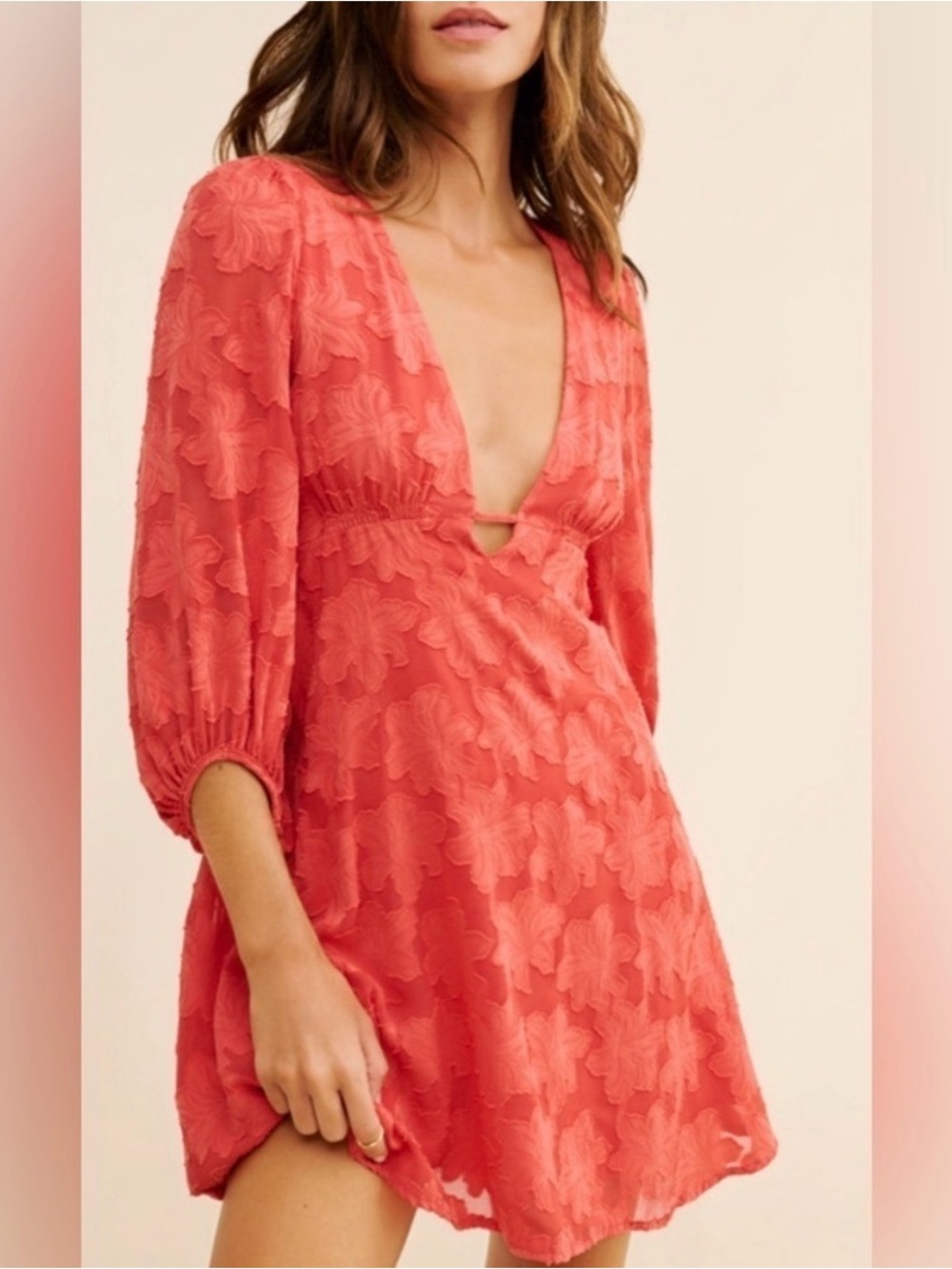 Anthropologie coral V-neck puff sleeve jacquard floral mini dress